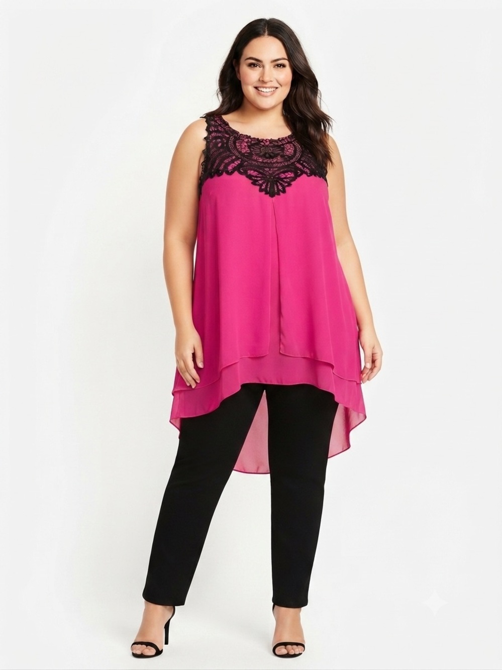 City Chic Fuchsia Sleeveless Tunic with Black Lace Yoke